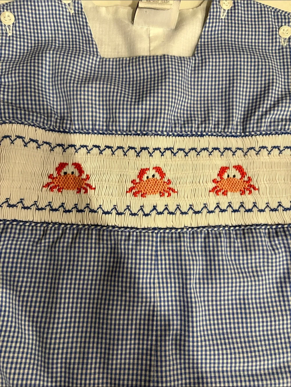 Blue Gingham Smocked Crab Baby One-Piece Romper